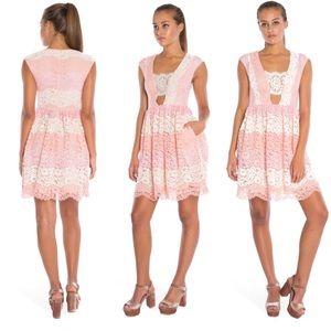A.B.S. Kayla‎ Deep-V Fit & Flare Mini Dress Pink Tonal Lace Sz 8